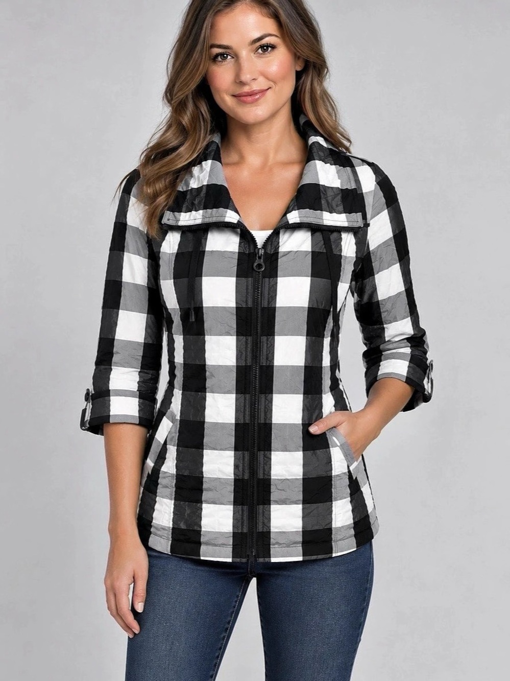 Cheryl Nash Checkered Utility Jacket in Black & White Size Large